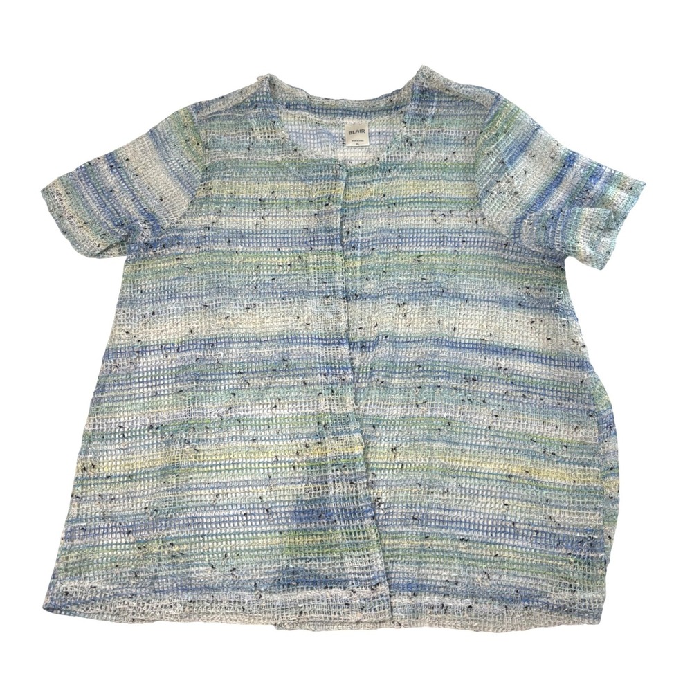 Blair Womens XL Blue Green Space Dye Open Knit Short Sleeve Cardigan B11295